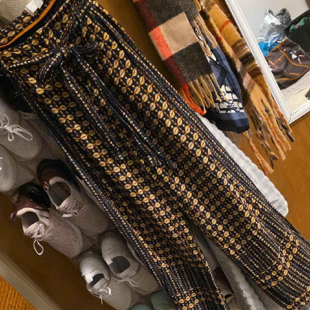 Anthropologie Black and Gold Patterned Wide Leg Pants